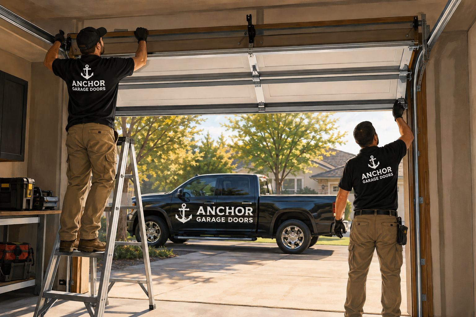 Anchor Garage Doors team installing a garage door